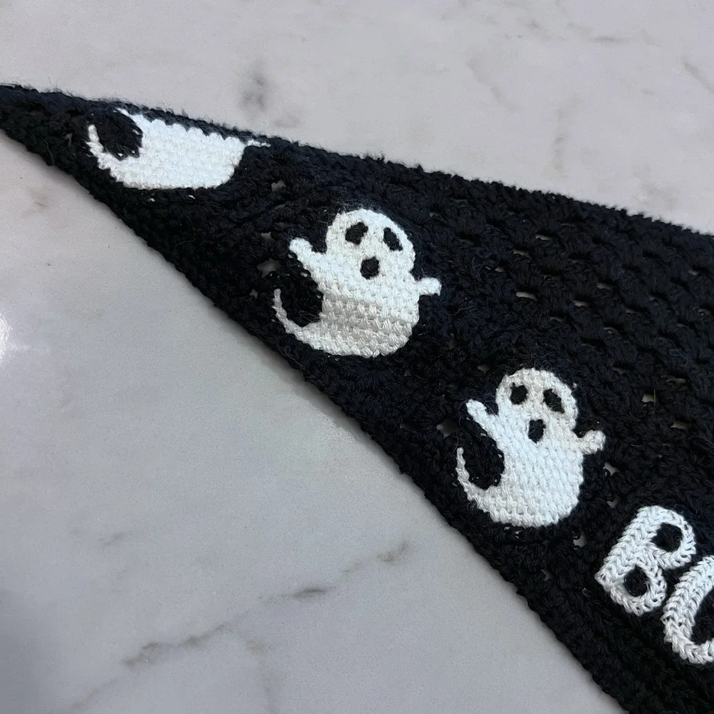 Crochet Head Scarf Halloween Black White Ghosts‎ Boo One Size